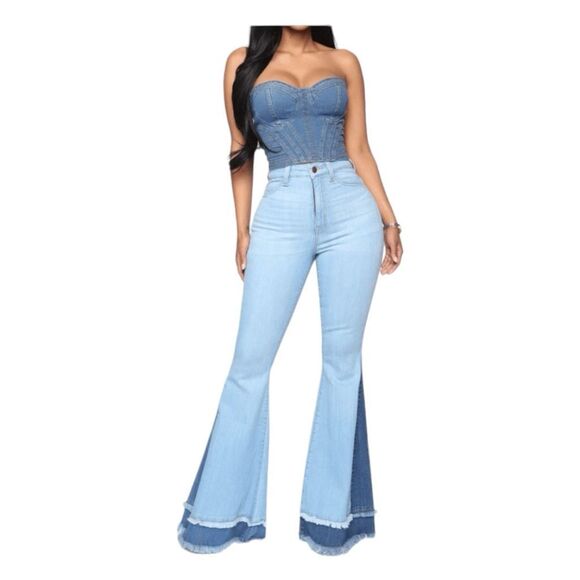 Fashion Nova Only Good Vibes Extreme Bell Bottom Jeans Blue Light Wash Denim 26 - Picture 2 of 9